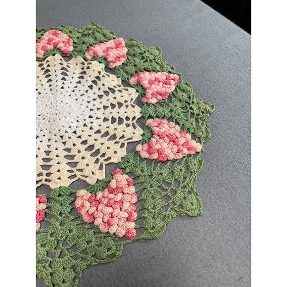 Handmade Crocheted Doily with Pink & Green Floral Design Vintage 14" Round - Picture 3 of 8
